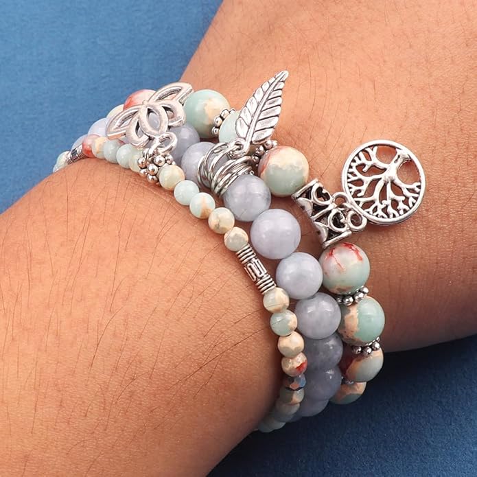 UEUC Tree of Life Yoga Healing Stone Bracelets,Multilayer Lotus Chakra Stone Reiki Bracelet Sets,Anxiety Crystal Natural Stone,for Women Stress Relief
