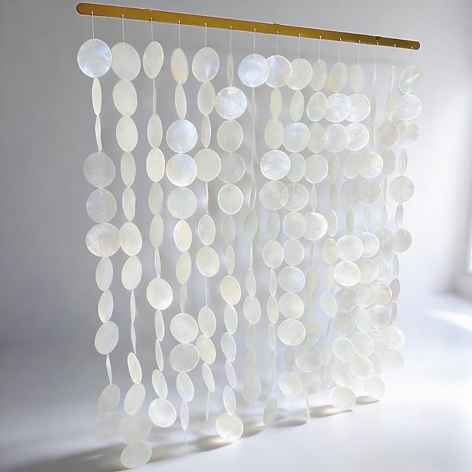 DHHOUSE 24x28 Inch Large Capiz Shell Wall Hanging, Handmade Sea Shell Wall Art with Gold Rail for Home Decor