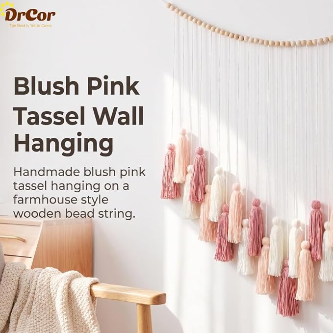 DrCor Blush Pink Tassel Garland – Boho Nursery Decor | Macrame wall hanging for baby girl nursery, toddler room. Rose gold boho decor.