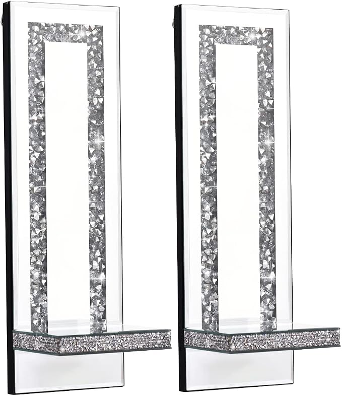 Mirrored Wall Candle Sconces Holder Set of 2, Wall Decor Living Room | Crystal Crushed Diamond Silver Wall Decorations, Ideal for Entryway, Hallway, Bedroom, Dining Room