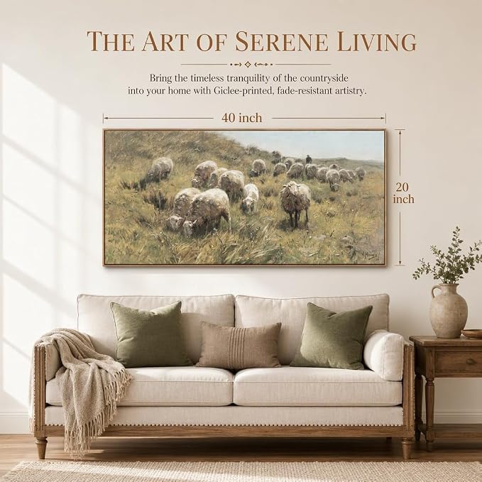 Farmhouse Framed Wall Art, Vintage Sheep on the Dunes Picture, 20x40 Inch | Classic Shepherd & Flock Canvas Painting, Large Country Animal Landscape Print, Rustic Artwork for Living Room Bedroom Decor