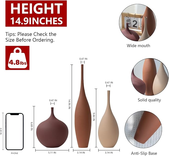 Relexome Ceramic Modern Vase Set of 3 Farmhouse Decorative Vase Minimalist Aesthetic Vases for Centerpieces Matte Ribbed Vases for Home Decor Table Entryway Living Room (Brown+Khaki+ Dark Red)
