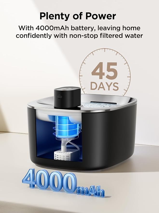 FEELNEEDY Wireless Cat Water Fountain Battery Operated, 4L/135 fl oz Pet Water Fountain for Cats and Dogs with Motion Sensor, Ultra Quiet Cat Drinking Fountain with 2 Filters (Black YPD-C004P)