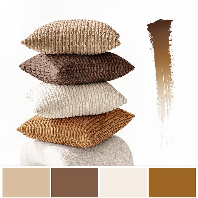 MIULEE Pack of 4 Corduroy Decorative Throw Pillow Covers 20x20 Inch Brown | Neutral Rustic Farmhouse Boho Soft Striped Pillow Covers,Home Decor for Sofa,Living Room,Couch,Bed