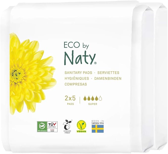 Naty Sanitary Pads Super – Plantbased and Absorbent Pads for Women, Organic Cotton Menstrual Product, Better for Feminine Health (2 x 5 Count)