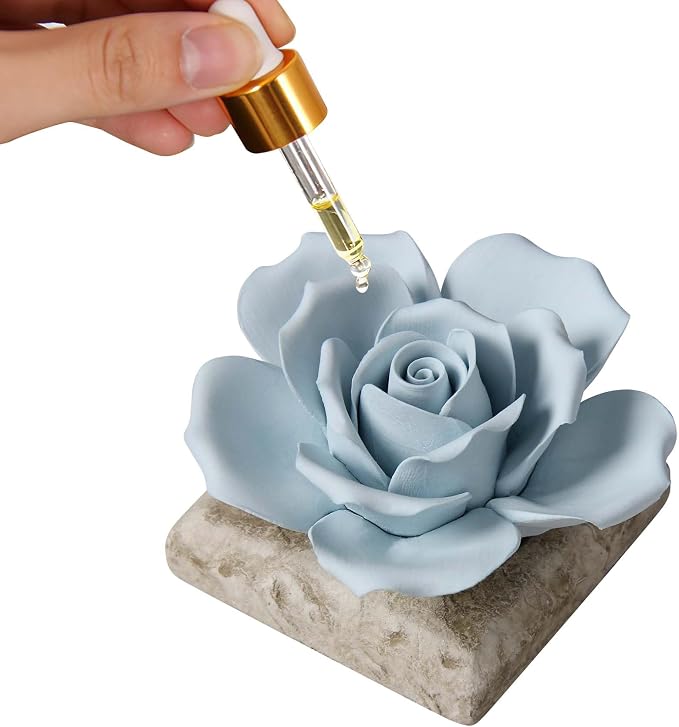 Ceramic Passive Essential Oil Diffuser, Aesthetic Desktop Handmade Flower & Concrete Base, Porcelain Aromatherapy Oils Diffuser for Home, Office, Yoga, Spa Room (Blue Rose)