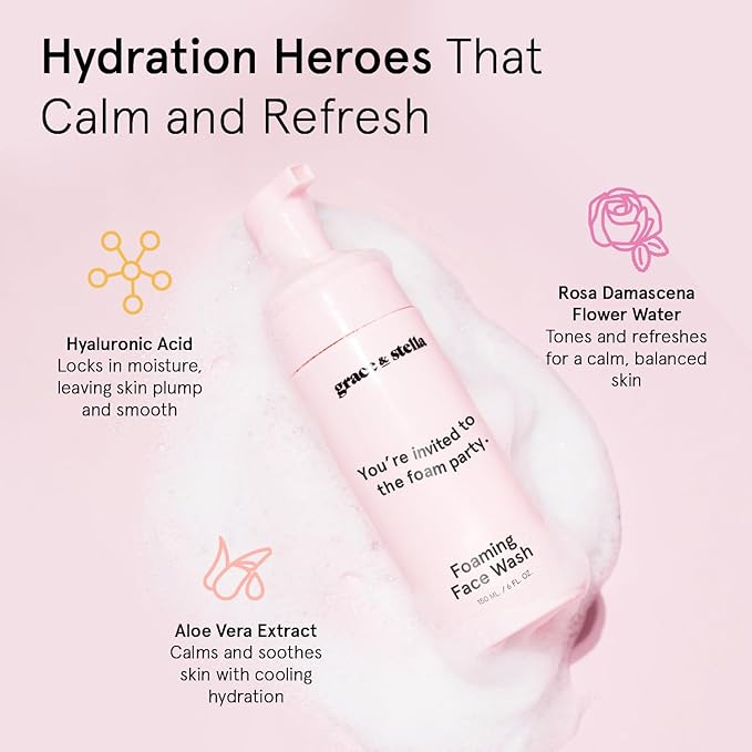 grace & stella Award Winning Travel Face Wash (60ml) Hydrating & Gentle Foaming Facial Cleanser with Hyaluronic Acid, Rose Water, Aloe Vera - Moisturizing Cleansing Foam for Normal to Very Dry Skin