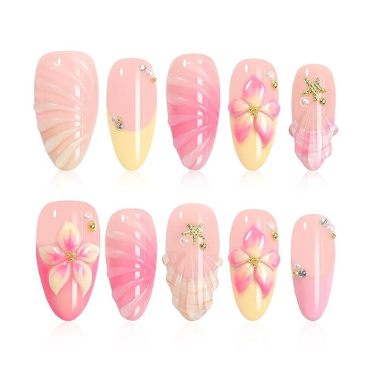 Handmade Press on Nails Almond with French Tips, 3D Flowers Pearl Water Ripple Design Fake Nails, Summer Beach 10pcs Acrylic Nail Kit, Gifts for Women