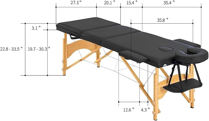 Artechworks Massage Table Massage Bed Portable Lash Bed for Eyelash Extensions Beauty Tattoo Table Adjustable for Spa Salon,Lightweight (Black, 3 Folding No Bag)