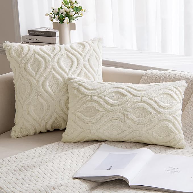 MIULEE Cream White Throw Pillow Covers 18x18 Inch, Soft Winter Plush Faux Wool Couch Pillow Covers Set of 2 Decorative Farmhouse Boho Throw Pillows for Sofa Living Room Bed | Set of 2, Farmhouse Boho Home Decor, Decorative Cushion Covers for Sofa, Livi...