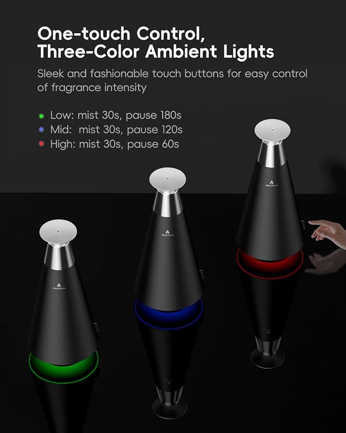 All-Metal Waterless Scent Diffuser Kit – 1500 Sq.Ft Coverage, Wireless Rechargeable,App Control, Mood Light, Hotel Scent Diffuser, Includes 5×15ml Essential Oils, for Home,Large Room,Spa,Black
