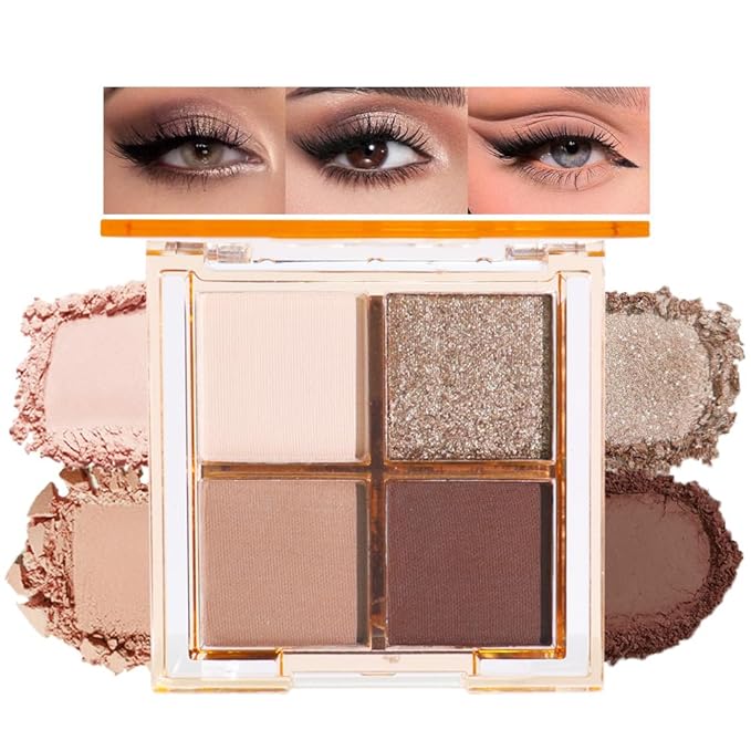 Eyeshadow Quads Blendable Glitter Matte Eyeshadow Palette,Black Gold Nude Brown Coffee Shinmmer Sparkly Four Eyeshadow Palette Makeup,Everyday Nature Long-Lasting Waterproof Women Girls Eyeshadow 4#
