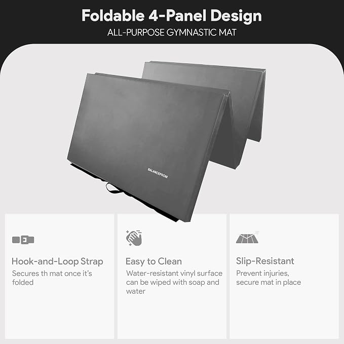 BalanceFrom 6x4 Feet 4-Panel Folding Gymnastics Mat – 2-Inch Thick Pad with Vinyl Surface and Carrying Handles for Tumbling, Yoga, Pilates, Home Workouts, and Martial Arts