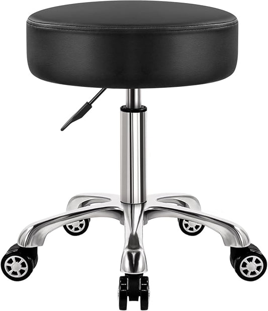 Heavy Duty Rolling Stool with Wheels 360 Swivel Adjustable Rolling Stool Hydraulic Lift Thick Leather Seat Ergonomic Chair for Kitchen Drafting Lab Office Salon Massage Black