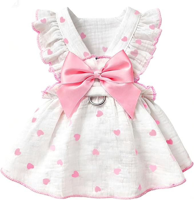 Dog Dresses for Small Dogs Girl Female Dog Cat Clothes Dress Cute Cotton Extra Summer Clothes Bow Decor Printed Love Birthday Outfit Puppy Clothes (Light Pink, X-Small)