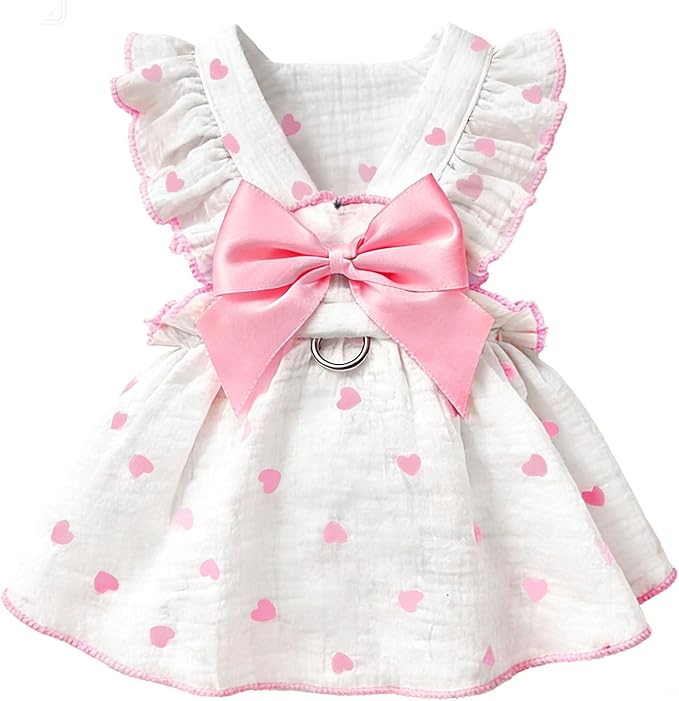 Dog Dresses for Small Dogs Girl Female Dog Cat Clothes Dress Cute Cotton Extra Summer Clothes Bow Decor Printed Love Birthday Outfit Puppy Clothes (Light Pink, Large)