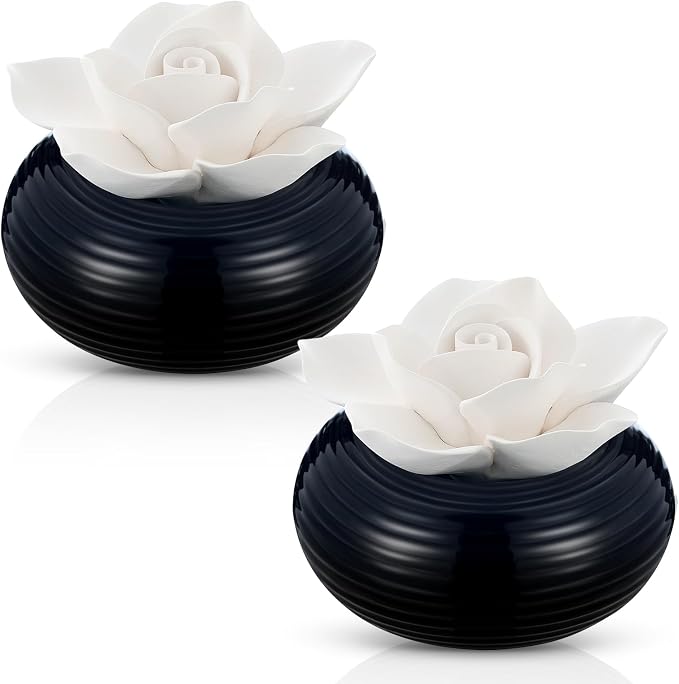 Honeydak 2 Pcs Ceramic Essential Oil Diffuser, Non Electric Reedless Passive Porcelain Flower Aromatherapy Diffuser, Decorative Floral Design Tabletop Office Home Bathroom Decor (Camellia)