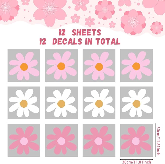 TaoBary 12 Sheet Daisy Wall Sticker Decal,Classic Color,Delicate Style | Big Flower Wall Sticker, Pink White Floral Decal, Daisy Bedroom Room Decor, Removable Peel and Stick, Nursery Home Wall Decor