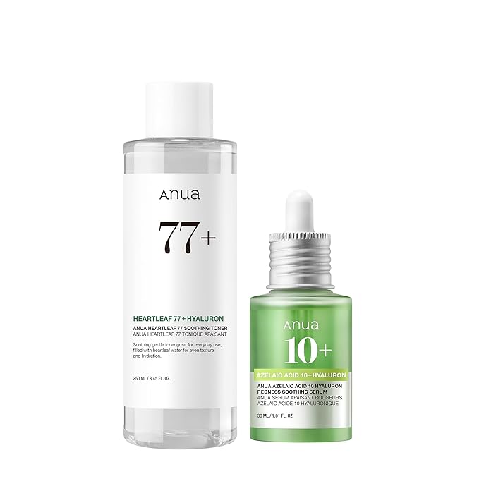 Anua Gentle Soothing Starter Duo, Azelaic Acid 10 Hyaluron Redness Soothing Serum & Heartleaf 77 Soothing Toner, Hydrating, Calming Care for Sensitive Skin, Vegan, Korean Skincare Set
