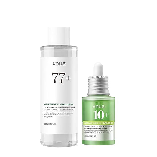 Anua Gentle Soothing Starter Duo, Azelaic Acid 10 Hyaluron Redness Soothing Serum & Heartleaf 77 Soothing Toner, Hydrating, Calming Care for Sensitive Skin, Vegan, Korean Skincare Set