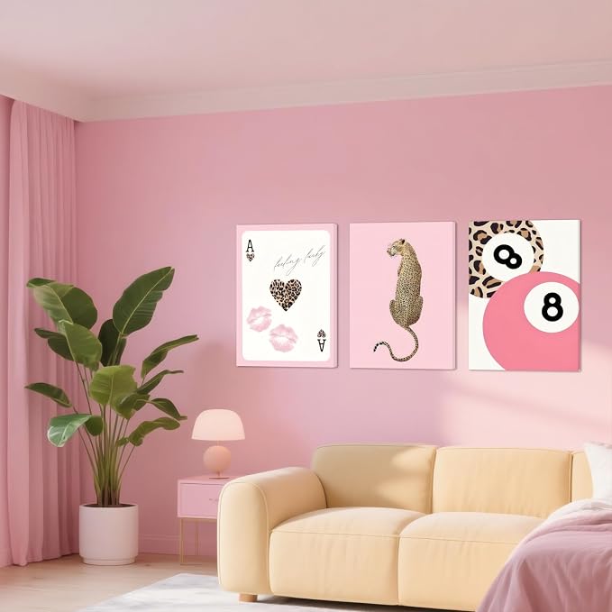 Cheetah Trendy Wall Art Set of 3 Preppy Leopard Canvas Print for College Apartment Room Wall Decor 8 Ball Poster Y2k Pink Coquette Print Lucky Aesthetic Pictures for Bedroom Dorm 12x16 In Framed
