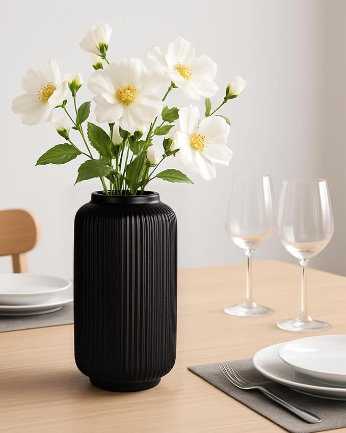 Black Ceramic Vase, 8 Inch Ribbed Flower Vase for Bouquet and Pampas Grass, Modern Wide Mouth Decorative Vase for Dining Table, Kitchen Shelf, Wedding Centerpiece