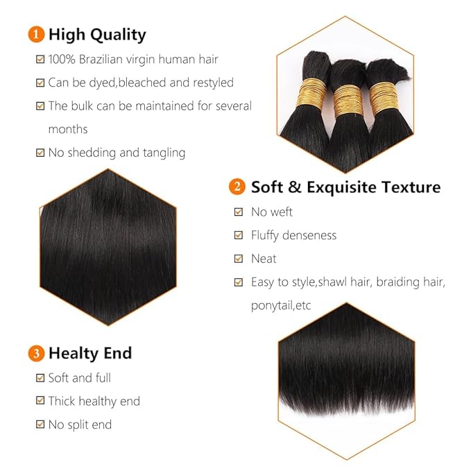 Human Braiding Hair for Boho Braids 16inch Straight Bulk Human Hair Extensions for Braiding No Weft Brazilian Virgin Hair for Black Woman Straight 1 Bundle 100g Natural Black