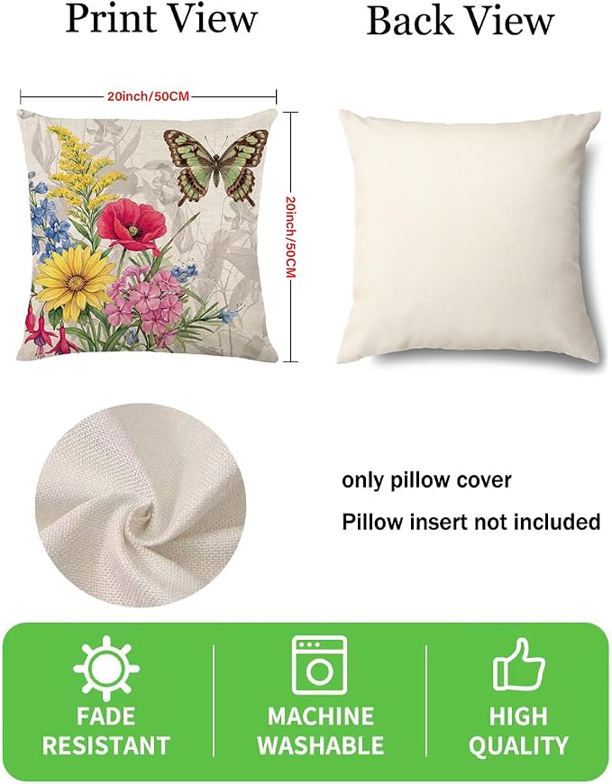 wyooxoo Throw Pillow Covers 20x20 Set of 4 Decorative Spring Pillow Covers Linen Flower Butterfly Farmhouse Pillowcases for Sofa Couch Living Room Outdoor