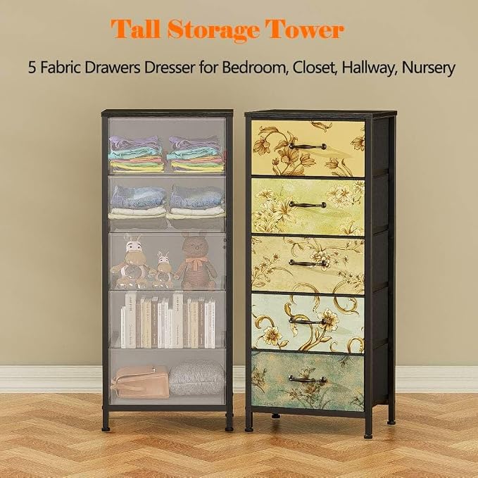 5 Drawer Dresser for Bedroom, Vintage Tall Skinny Storage Dressers | Fabric Dresser with 5 drawers, Vertical Narrow Storage Tower, Small Chest of Drawers, Floral Retro Dresser for Dorm, Wood Top