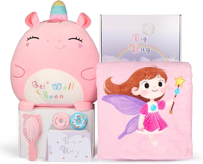 Get Well Soon Gift for Kids Girls, Feel Better Gifts for Kid, 12'' Get Well Soon Unicorn Plush Pillow & Soft Cozy Flannel Kids Throw Blanket, Unicorn Gifts Set for Girls, Kids Get Well Baskets