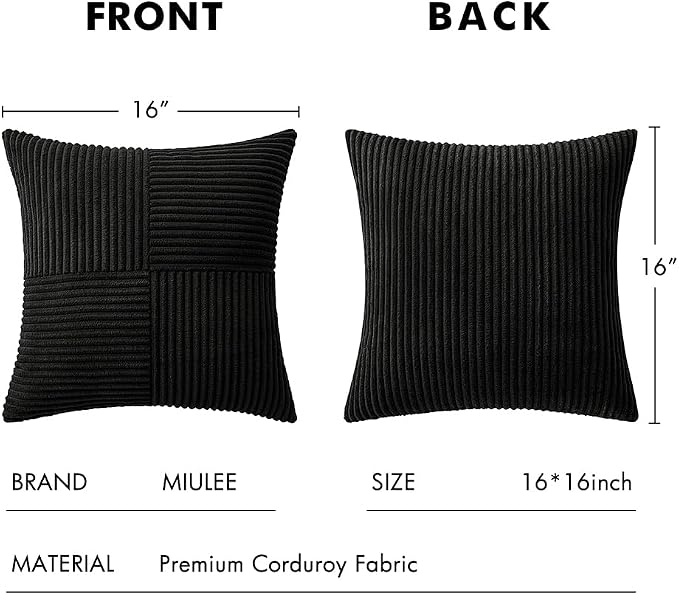 MIULEE Black Decorative Throw Pillow Covers for Couch 16x16 Inch | 2 Pack, Boho Farmhouse Pillow Covers, Soft Cross Corduroy Patchwork Textured Cushion Cases For Bed Sofa