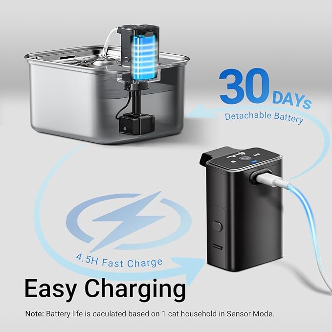 DownyPaws Cat Water Fountain Stainless Steel Wireless Automatic, Metal | Cordless Battery Operated Pet Water Fountain, 101 Oz/3L Water Fountain for Cats Drinking with Motion Sensor