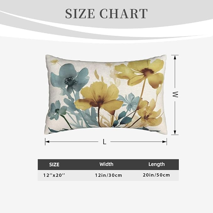 Spring Floral Pillow Covers 12x20 Inch Set of 2 Blue Yellow Floral Throw Pillow Cover Outdoor Modern Summer Flower Decoration Pillowcase Farmhouse Decorative Linen Cushion Cover For Sofa Couch