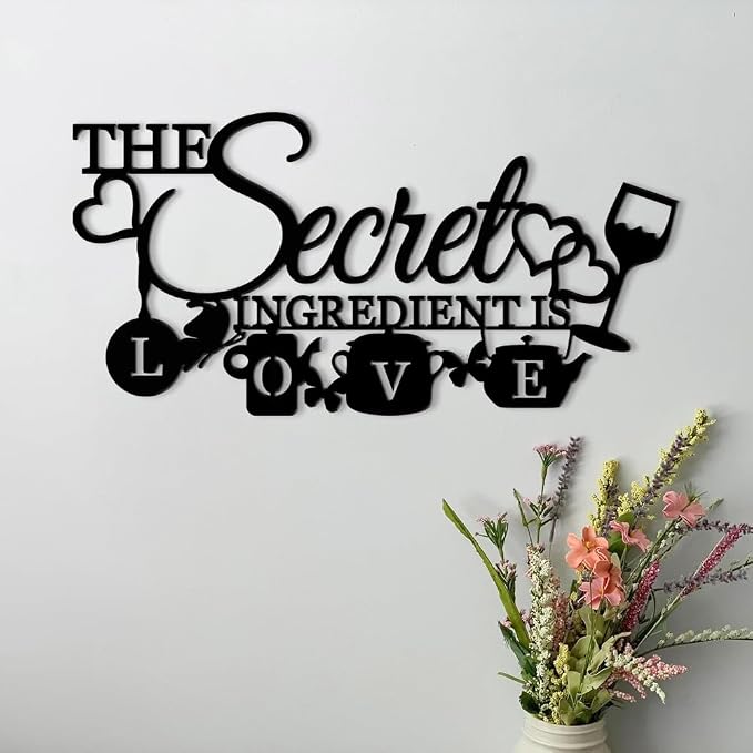XORT The Secret Ingredient is Love Metal Wall Art Sign, Farmhouse Dining Room Kitchen Wall Decor Housewarming Gift Counter Pantry Sign (Black -16 x 8 inch)