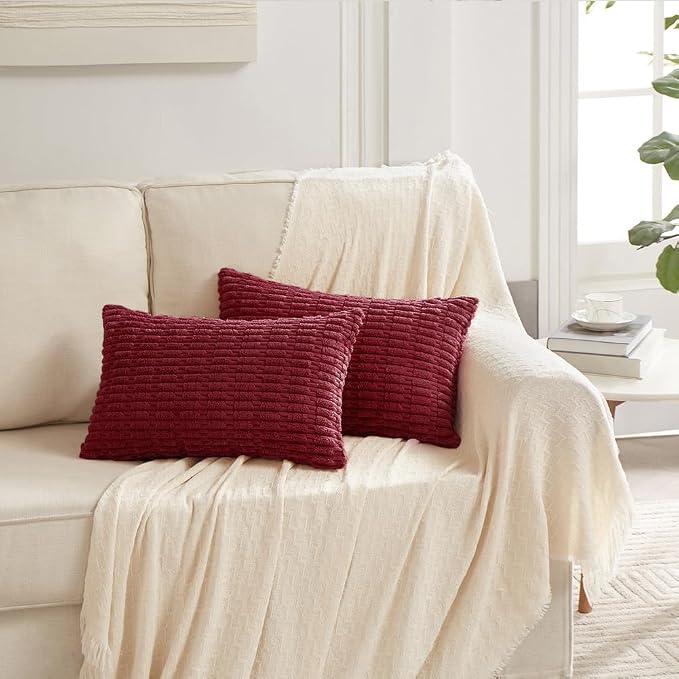 Fancy Homi Decorative Throw Pillow Covers for Bed Couch Bedroom Bench, Soft Corduroy Solid Pillow Case, Rustic Farmhouse Boho Room Decor,20" x 12" (Pack of 1),Burgundy