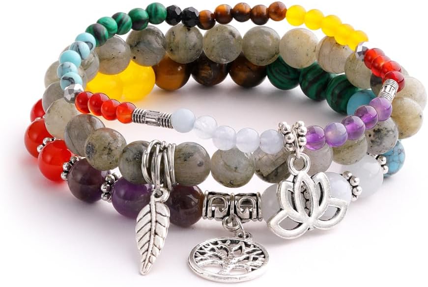 UEUC Tree of Life Yoga Healing Stone Bracelets,Multilayer Lotus Chakra Stone Reiki Bracelet Sets,Anxiety Crystal Natural Stone,for Women Stress Relief