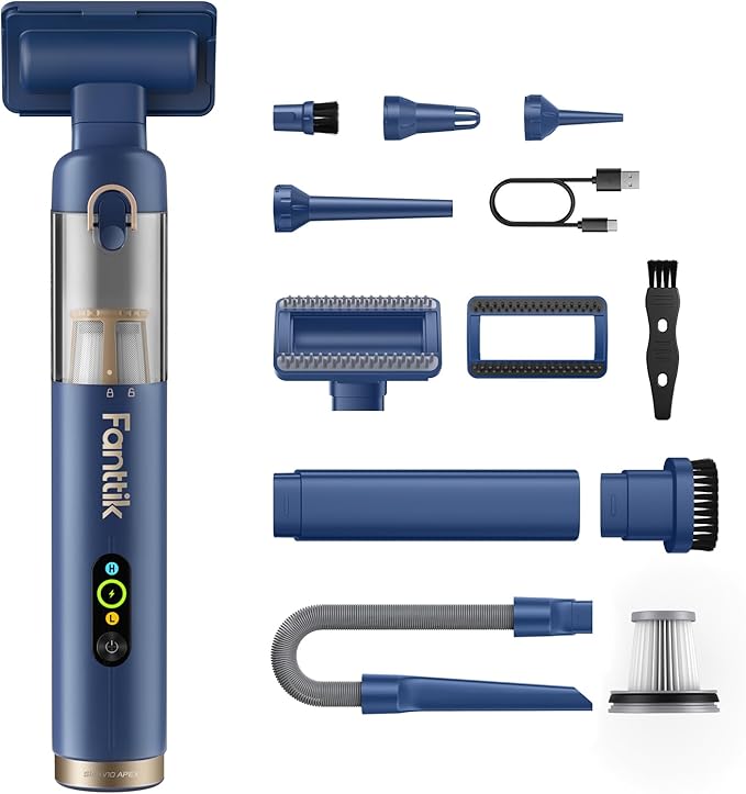 Fanttik Slim V10 APEX Cordless Car Vacuum, 4-in-1 Portable Mini Handheld Vac, Upgraded Smart Digital Display, 19kPa Suction Power, 2 Suction Modes for Small Jobs, Car, Office Desk, Keyboards (Blue)