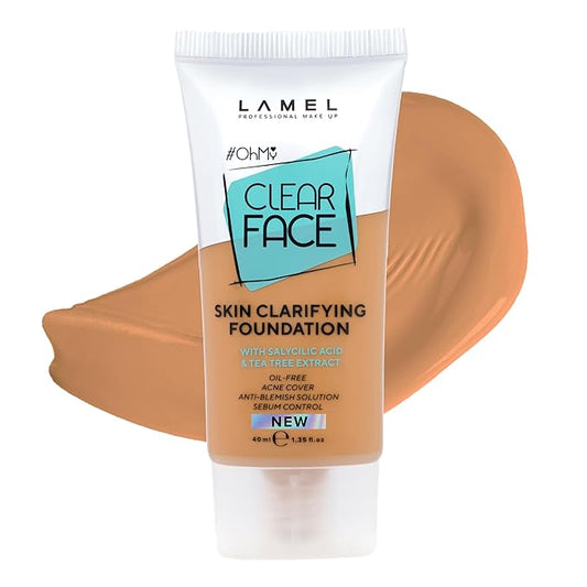 LAMEL Oh My Clear Face Full Coverage Foundation for Oily & Acne Prone Skin, Salicylic Acid & Tea Tree Extract, Anti-Blemish Sensitive Skin Care, Organic & Oil-Free, 407 Medium Tan, 40 ml / 1.35 fl.oz