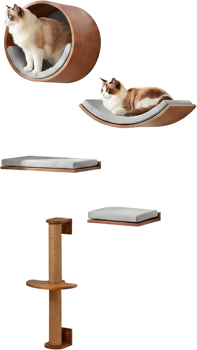 Tribesigns Solid Wood Cat Wall Shelves, 5 in 1 Cat Wall Furniture Set | Wood Cat Climbing Wall with Scratching Post, Bed, Stable and Safe, Wall Mounted Cat Tree, Space-Saving, Easy Assembly, Walnut