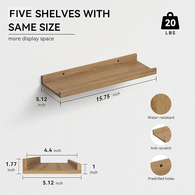 RICHER HOUSE 8-Set Floating Shelves with Lip, Oak Wall Mounted Wood Shelf | Display Picture Ledge Shelf, Anti-drop lip Shelf for Room Wall Decor, Bedroom Bathroom Storage Nursery Hanging Book Shelves