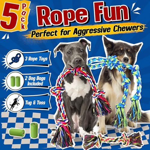 Forfon Tough & Strong Dog Toy for Aggressive Chewers – Tough Chew Toys for Large Dogs, Ideal for Tug-of-War & Teeth Cleaning, with 3 Rope Toys & 2 Dog Bags