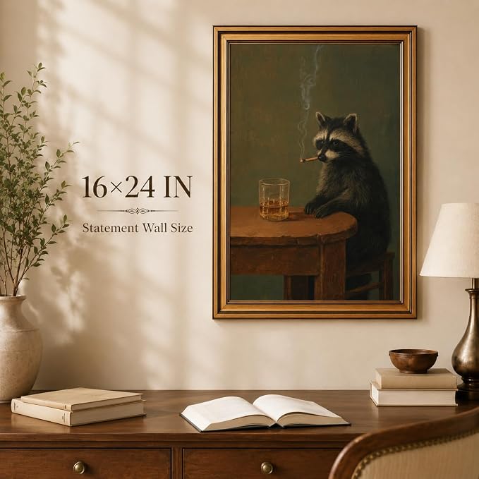 Gold Framed Raccoon Canvas Wall Art,Funny Animal Picture Wall Decor 24x16in | Rustic Man Cave Art, Moody Animal Art Print For Office, Home Bar, Cabin, Game Room, Living Room