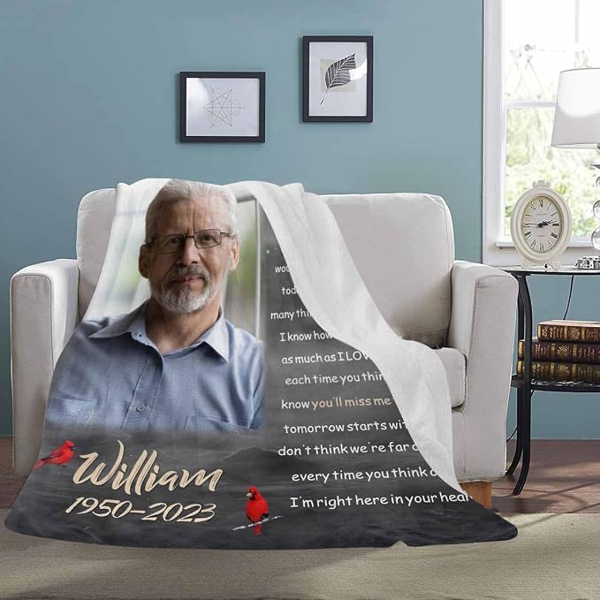 Custom Memorial Blanket with Photos for Loss of Loved One, in Loving Memory Personalized Sympathy Blanket for Loss of Dad Mom Husband Wife Friend Memory of Loved One Gifts, Made in USA