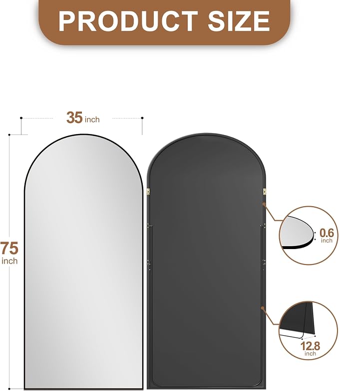 Arched Full Length Mirror with Stand, 75x35 Black Floor Mirror | Aluminium alloy frame with HD float glass for distortion-free reflection. Free standing or wall mounted.