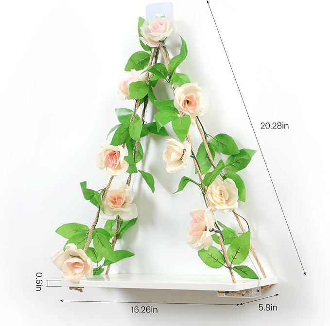 Floating Shelves for Wall,Hanging Shelves,Room Decor,Wall Decor,Boho Decor | Floating Shelves No Drill,Trinket Shelf,Cottage Core Wall Decor,2-Pack Shelf Set Includes Artificial Pink Rose & LED Lights