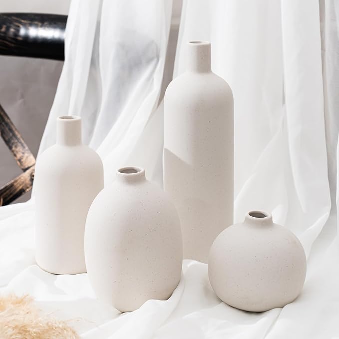 White Ceramic Vase Set of 4, Modern Minimalist Colors Home Decor, Decorative Flowers Vases for Bouquet, Pampas | Table Mantel Centerpiece Bookshelf Living Room Bedroom (White Set of 4)