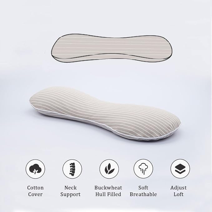 Buckwheat Hulls Pillow for Sleeping, Neck Support Cooling Cervical Pillow, Breathable Adjustable Firm Ergonomic Neck Pillow for Recliner for Back and Side Sleepers Break, Kakhi 19" x7”