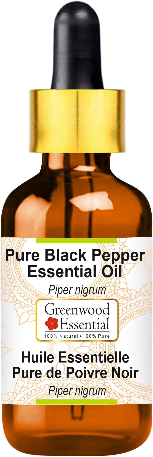 Greenwood Essential Black Pepper Essential Oil (Piper nigrum) with Glass Dropper | Pure | Non-Sticky | Non-Greasy | Lightweight | Men & Women | All Skin Types | Steam Distilled 10ml (0.33 oz)