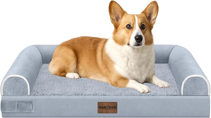Orthopedic Dog Bed for Medium Dogs, 30 x 20 Inch, Light Grey | Egg crate foam for joint support, 3-sided bolster pet sofa, waterproof lining, washable cover, and non-skid base