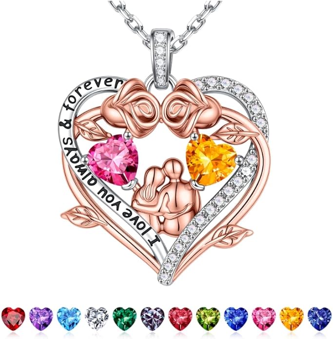 Iefil Valentines Gifts for Her Wife - 925 Sterling Silver Double Heart Birthstone Necklace, Anniversary Birthday Gifts for Women Wife Girlfriend